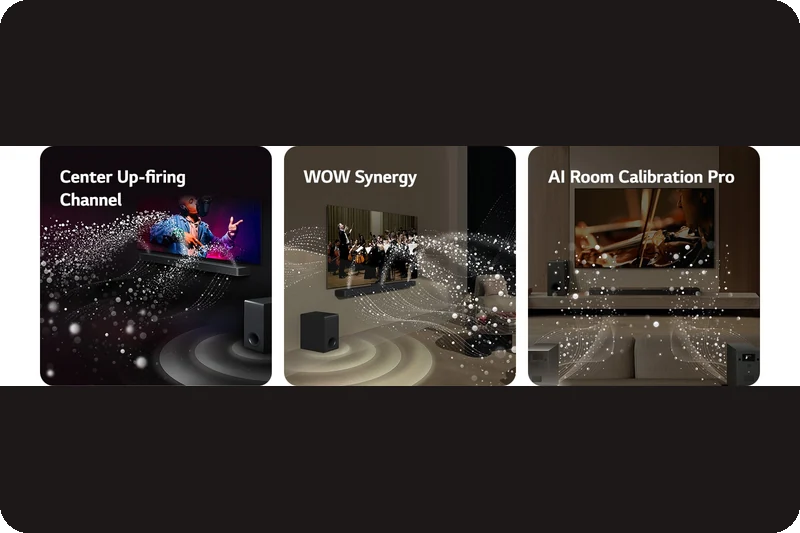 LG S90TY Soundbar projecting an immersive field of sound around a living room.