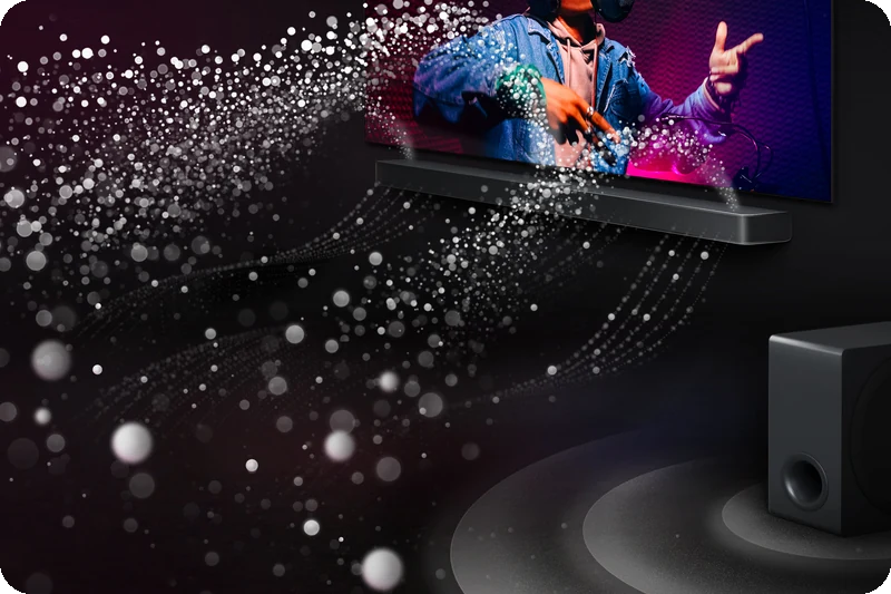 Center up-firing soundwaves rising from an LG S90TY Soundbar below a television.