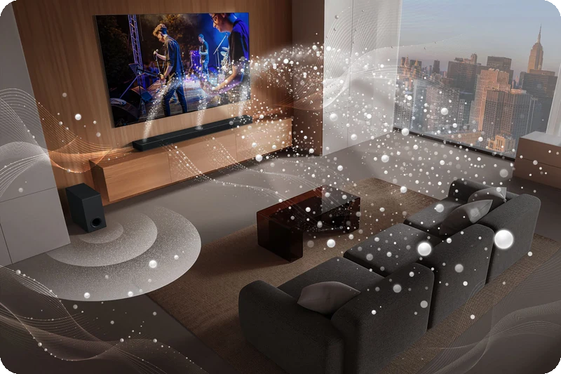 LG S90TY 5.1.3-channel Soundbar and subwoofer filling a living room with surround sound.
