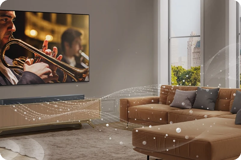 LG S90TY Soundbar expanding two-channel audio into a multi-channel sound field.