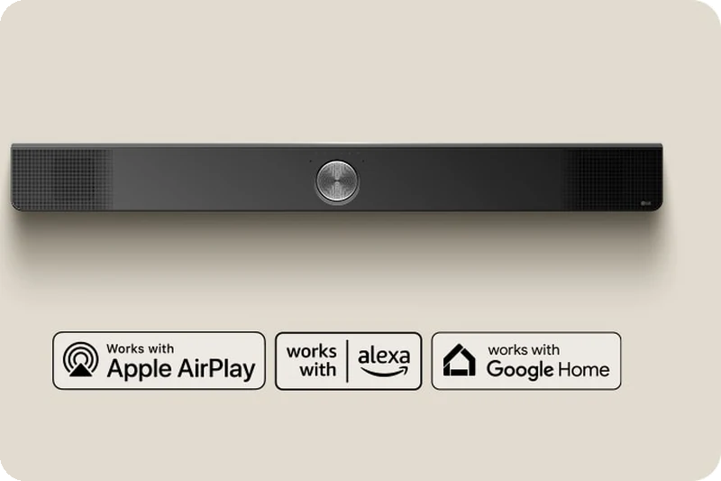 Music service and wireless streaming compatibility available on the LG S90TY Soundbar.