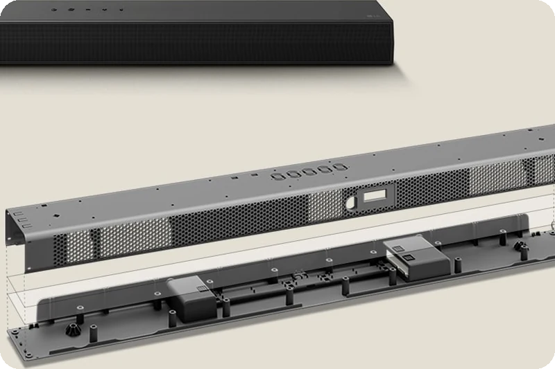 LG Soundbar frame highlighting internal parts made with recycled plastic.
