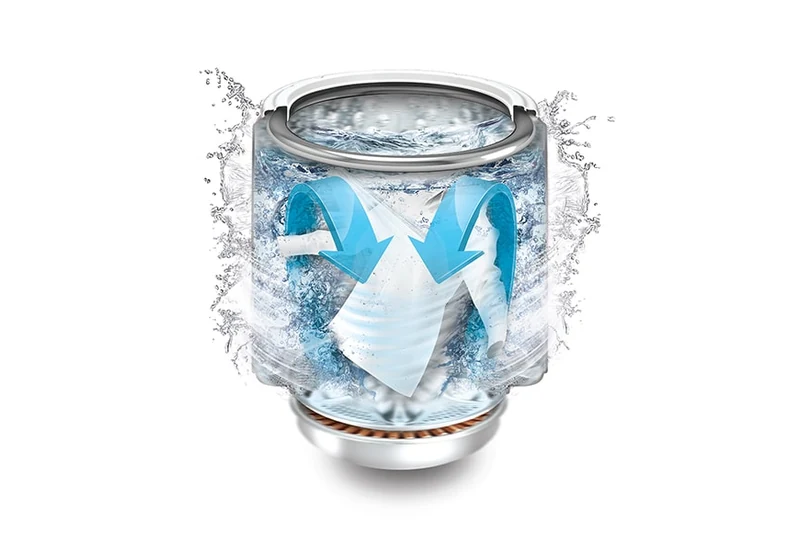 Blue arrows illustrating powerful up-and-down water movement inside the LG top-load washer.