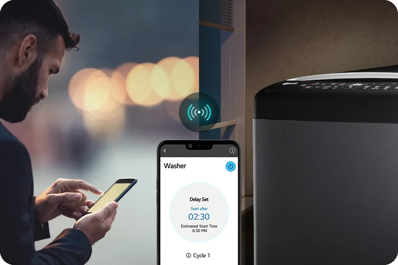A smartphone remotely controlling the LG top-load washer through the LG ThinQ app.