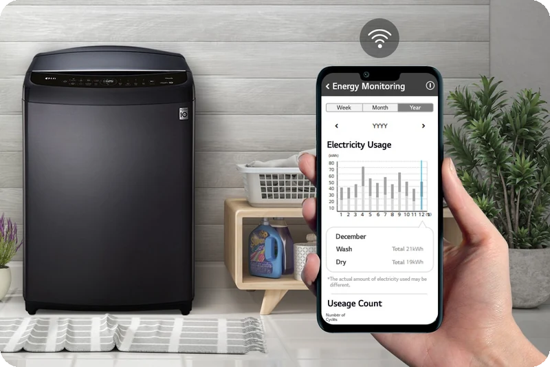 LG ThinQ app displaying washer maintenance information and energy usage.