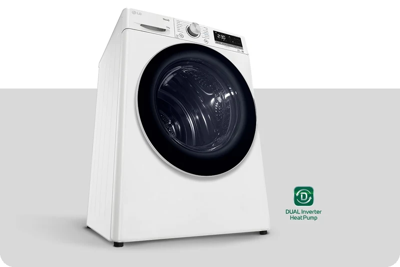 LG white DUAL Inverter Heat Pump dryer in a bright laundry setting.