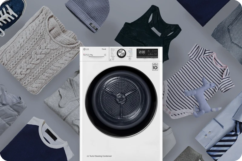 Different fabrics arranged around an LG dryer to represent its varied drying cycles.