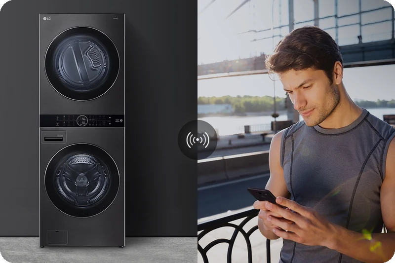 LG ThinQ smartphone app remotely controlling an LG WashTower.