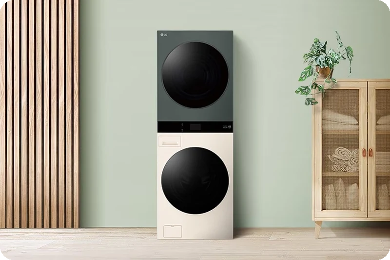 LG Objet WashTower integrated into a stylish modern laundry room.