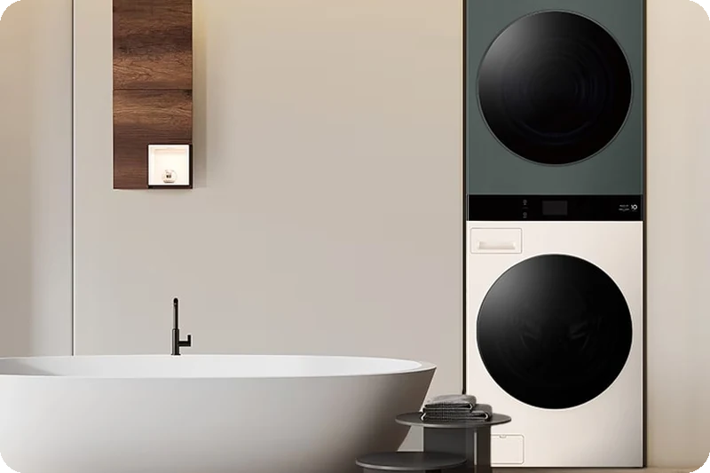 LG Objet WashTower fitted closely between modern cabinets.