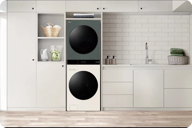 Space-saving LG Objet WashTower in a compact, well-designed laundry area.