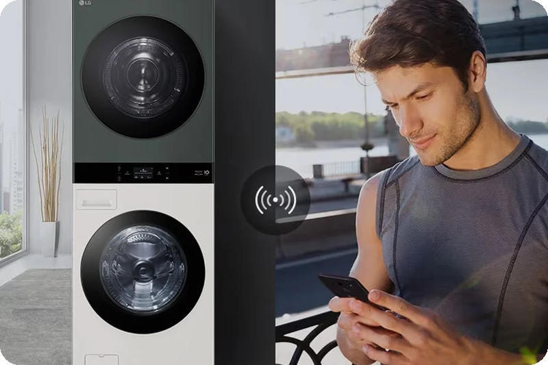 LG ThinQ smartphone app remotely controlling an LG WashTower.